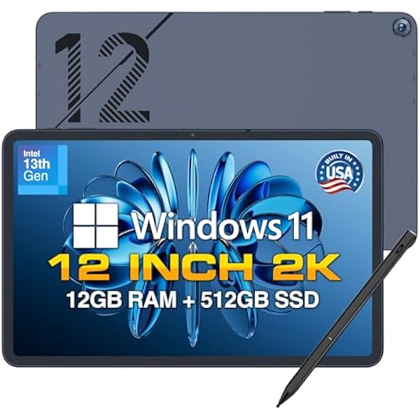 2026 Version 12" 2K Display Windows 11 Tablet PC with Stylus Pen - Built in USA - 12GB DDR5 RAM 512GB SSD, 13th Gen CPU, 12 inch Windows Tablet Computer, Built-in Fan, Fast Charging, Metallic