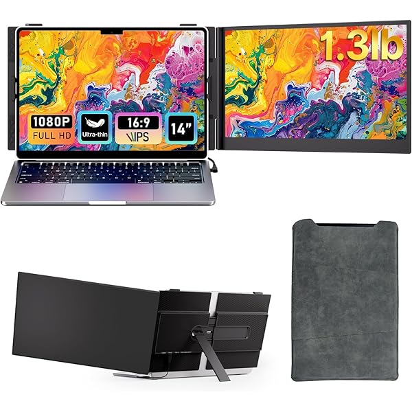 Laptop Screen Extender - Ultra-Thin 1.3lbs 14" FHD IPS Dual Portable Monitor Extension for Laptop, Attachment Plug & Play for 13-17" Laptops, Second Extra Travel Display for Windows/Mac/Android