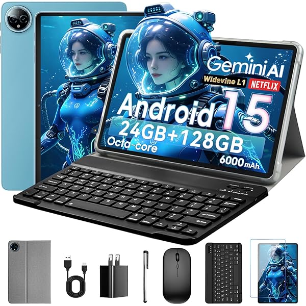10 Inch Tablet, Android 15 with 24GB RAM + 128GB ROM (1TB Expandable), Octa-Core, 1280x800 IPS HD Touchscreen, 5MP+8MP Dual Camera, 6000mAh, Tablet with Keyboard, Mouse, Widevine L1(Blue)
