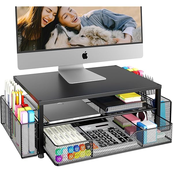 Desk Organizer and Accessories, 2-Tier Computer Monitor Stand Riser with Drawer and 2 Pen Holders, Laptop Stand, Office Desk Accessories for Office Supplies, Black